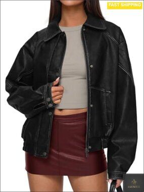 Oversized Faux Leather Jacket Moto Biker Fall Winter Coat